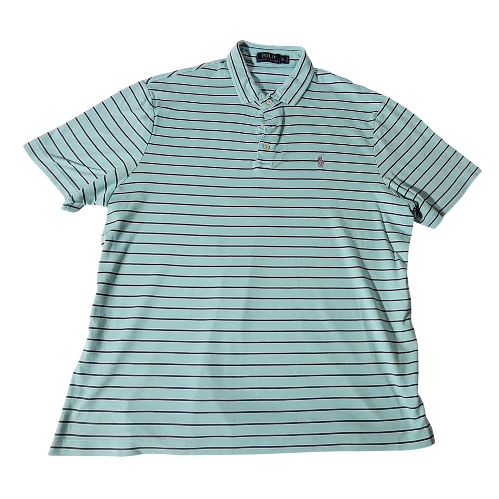 Polo Ralph Lauren Mens XL Mint Green‎ Navy Blue Striped Short Sleeve Polo Shirt